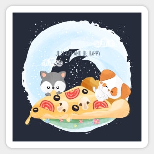 Puppies eat happy pizza bed Sticker